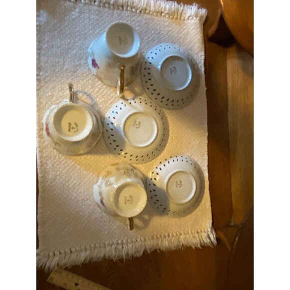 3 Manna Rose/Gold Lusterware Pedestal Cups with Reticulated Saucers - Picture 10 of 10